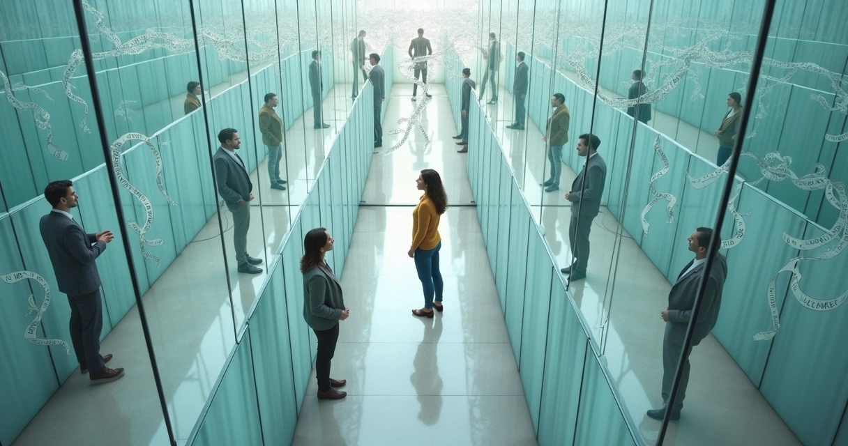 Overhead view of a group in a glass maze of tangled speech ribbons 