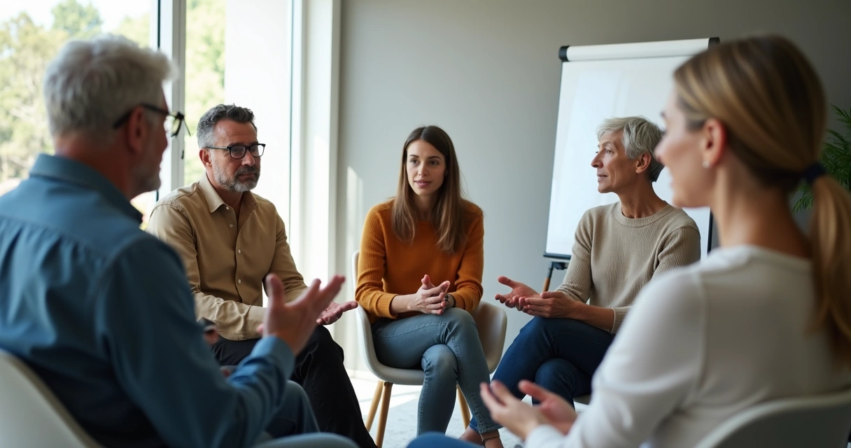 Diverse group in a meeting circle using expressive body language and eye contact 
