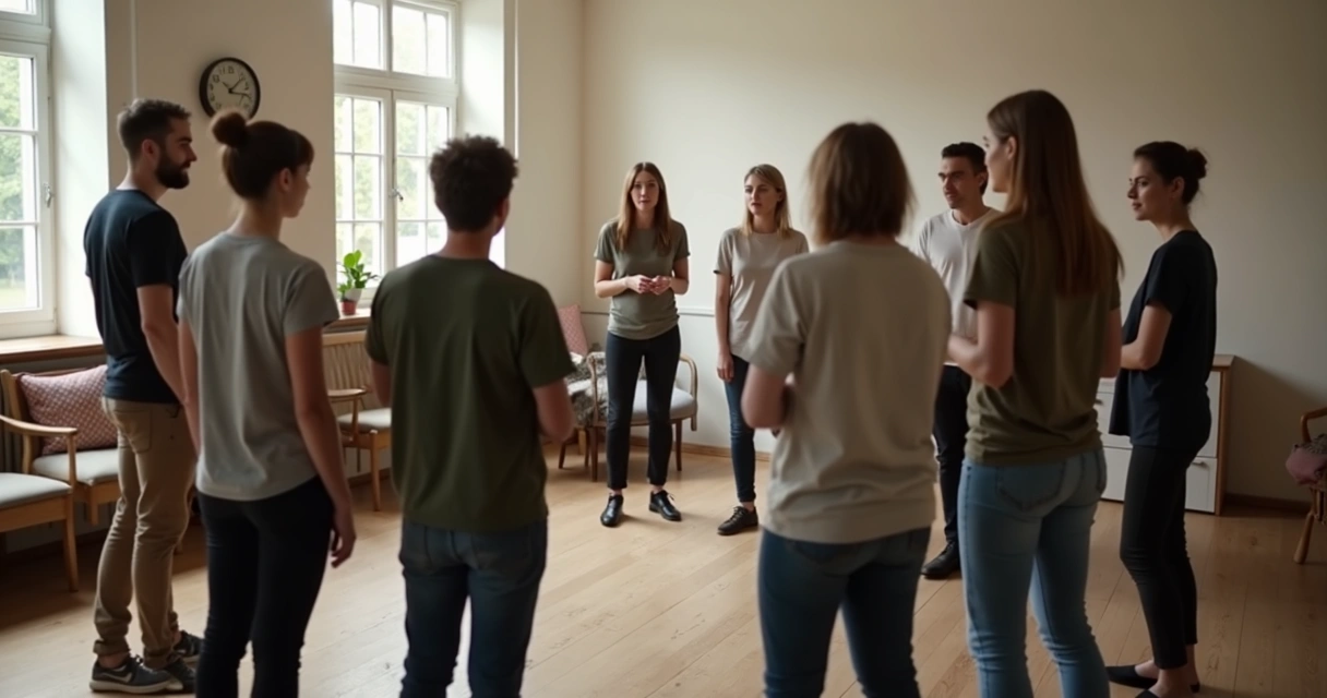 Small group showing a shift from tension to cooperation in a circle 