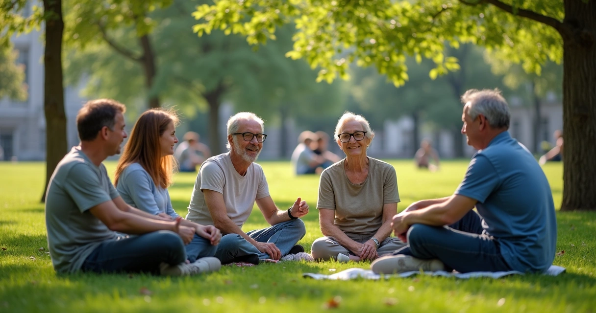 Group of friends having a relaxed conversation in a park