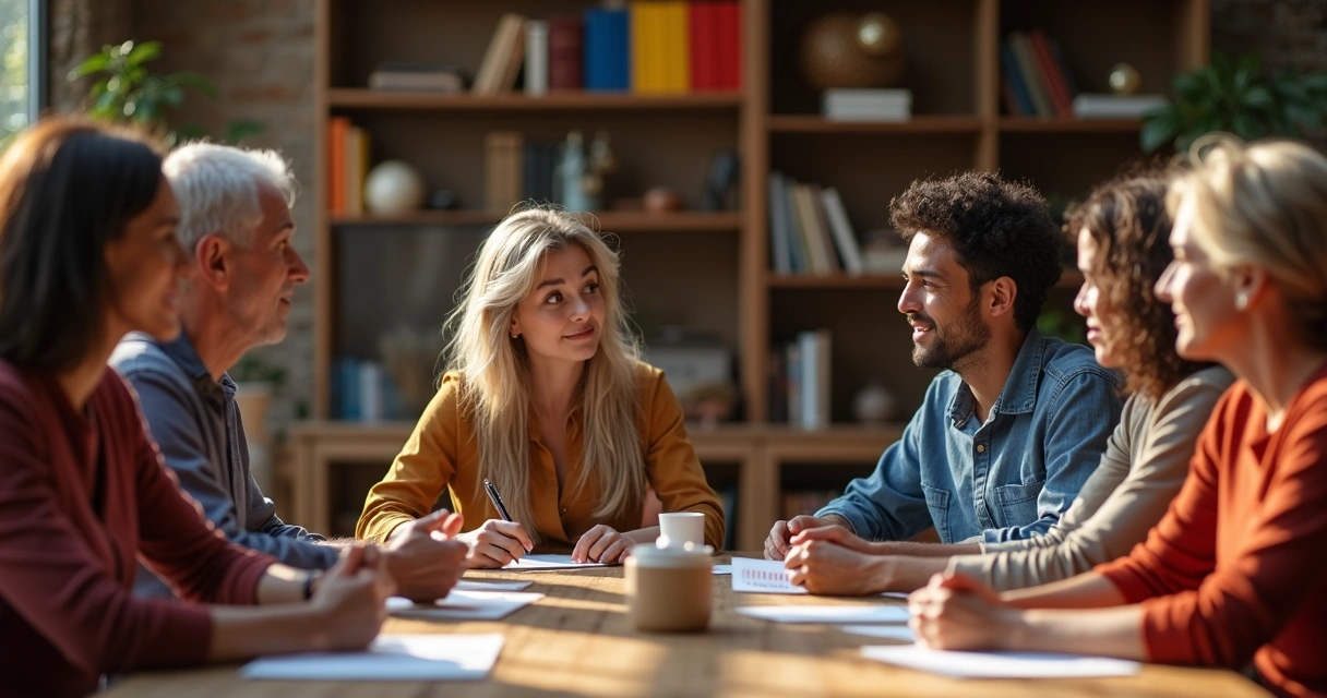 People in conversation around table with different ages and backgrounds. 