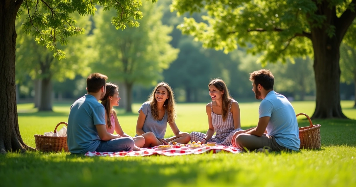 Group of friends relaxing on blankets during a picnic in a park 