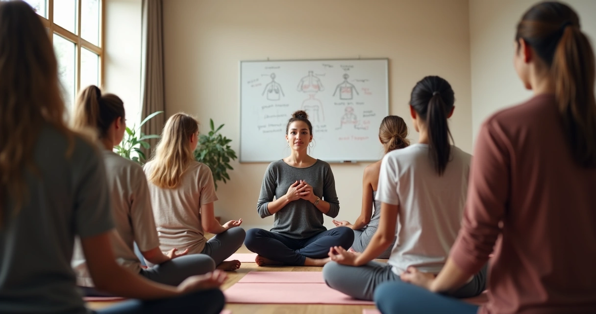 Small group practicing breathing during speech training