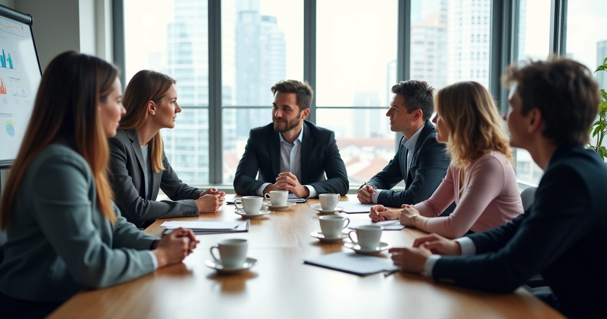 Office meeting with six people around a table, some speaking while others listen. 