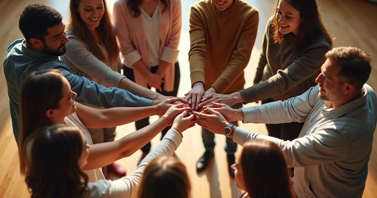 Group of diverse people standing together in a circle seen from above