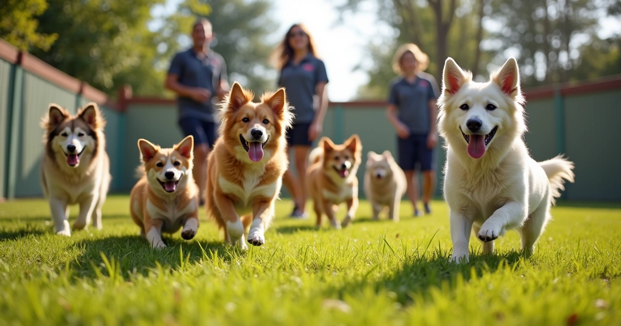 Group of dogs playing together on green grass during sunny day