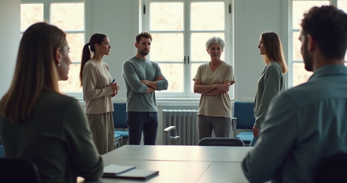People standing in a circle while one person pauses apart