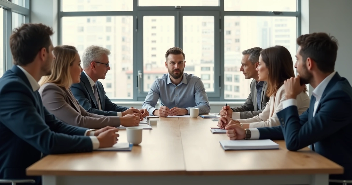 People in a meeting while one person hesitates before deciding