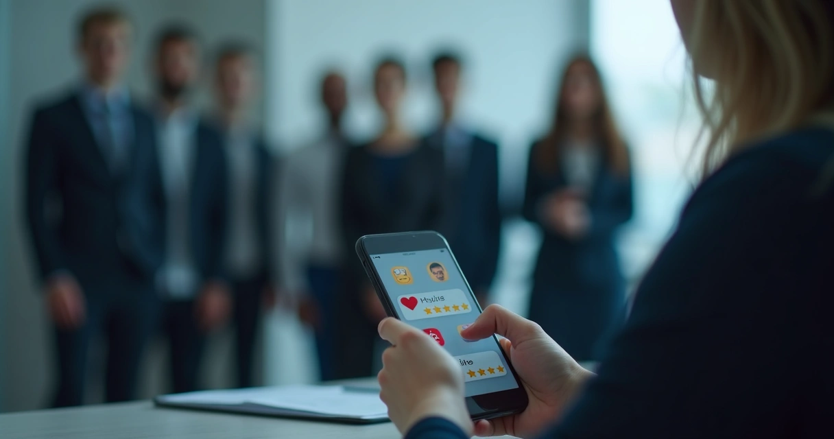 Person looking at a phone while surrounded by blurred social approval cues