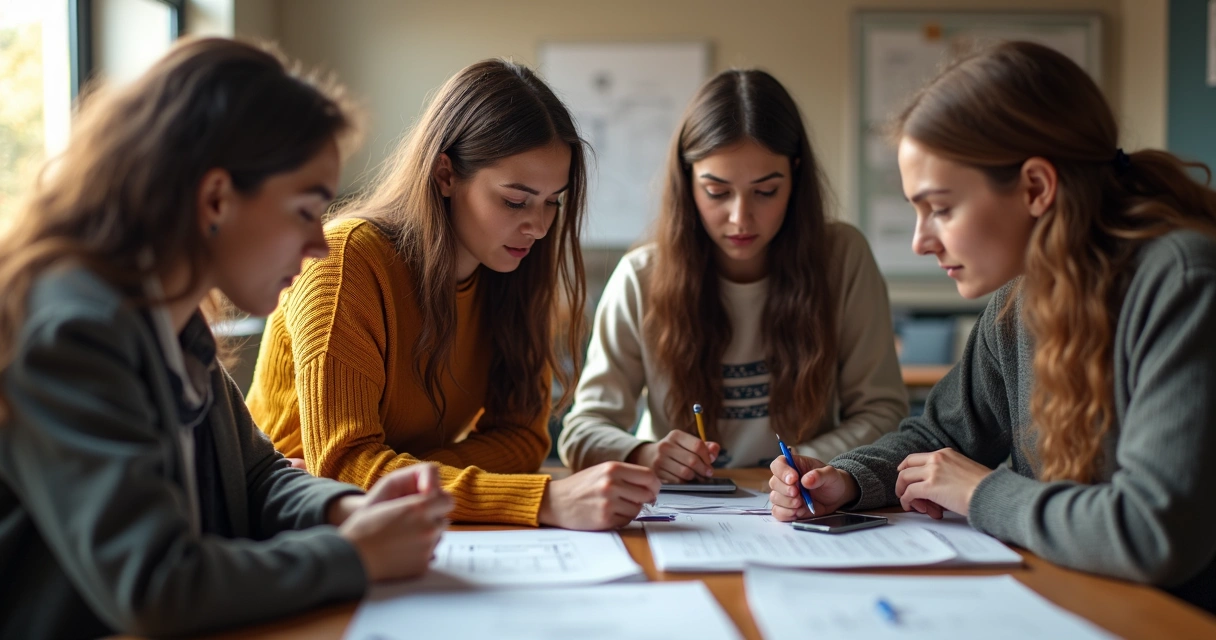 Students discussing a group project at a round table 