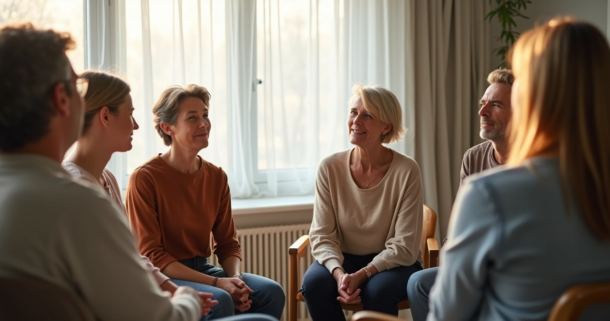 A group of people in a circle, sharing and reflecting