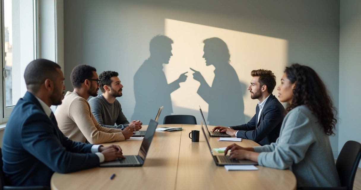 Team meeting with mismatched shadows on wall revealing hidden tensions 