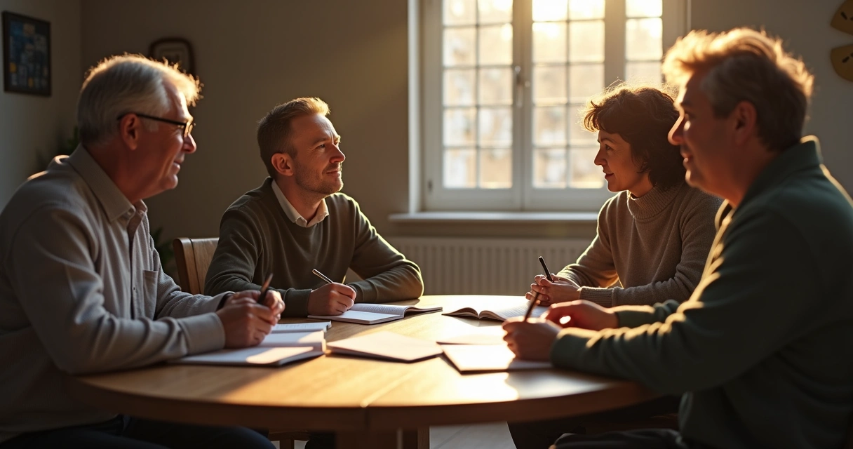 Small group reflecting on their impact around a table