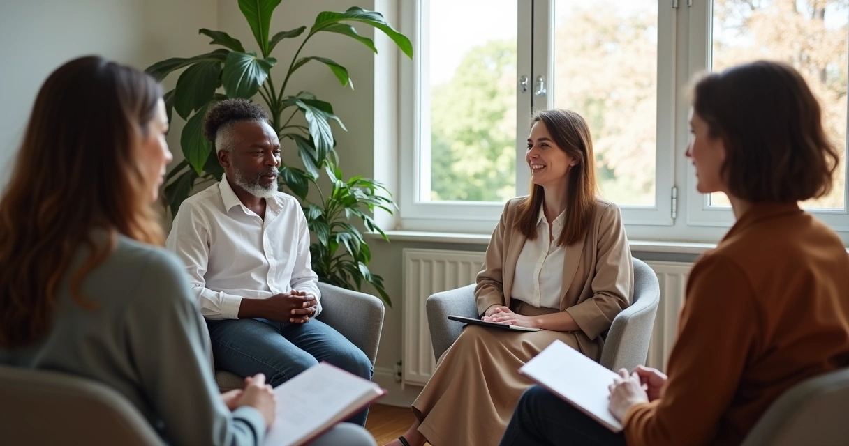 Small team in calm reflection during a group discussion