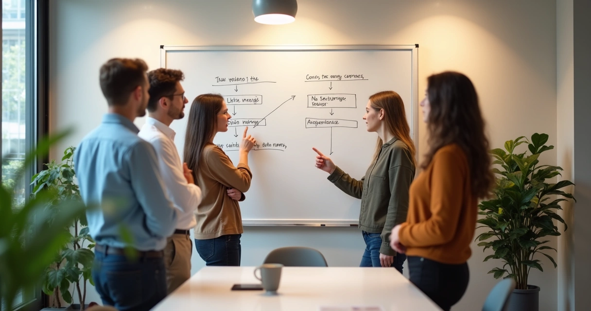 Group reflecting calmly around a board during a decision process 