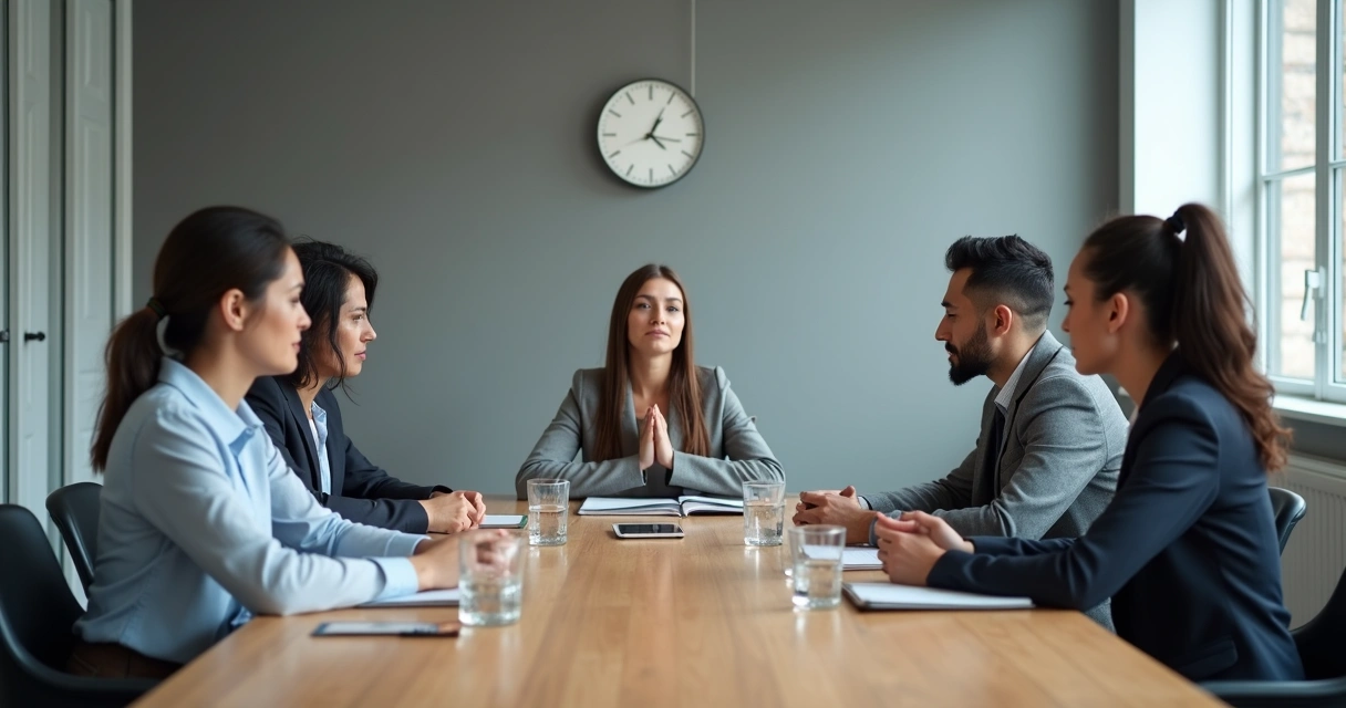Team in quiet reflection before a meeting 