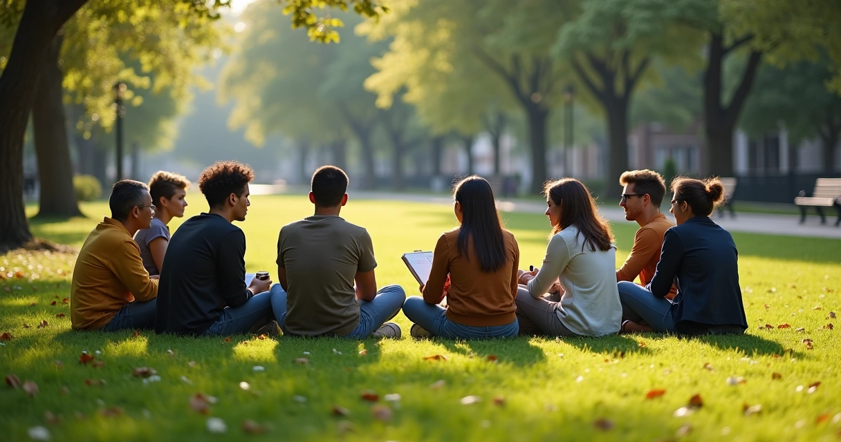 Group in park sitting together in circle, reflecting