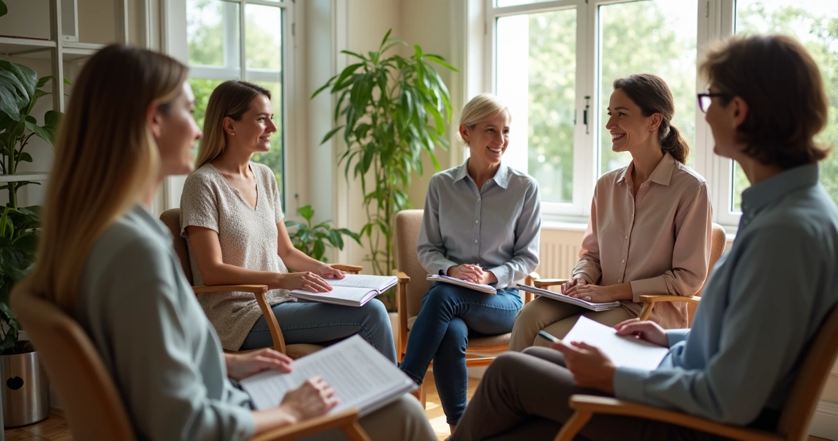 Small group in calm dialogue with open notebooks and attentive posture