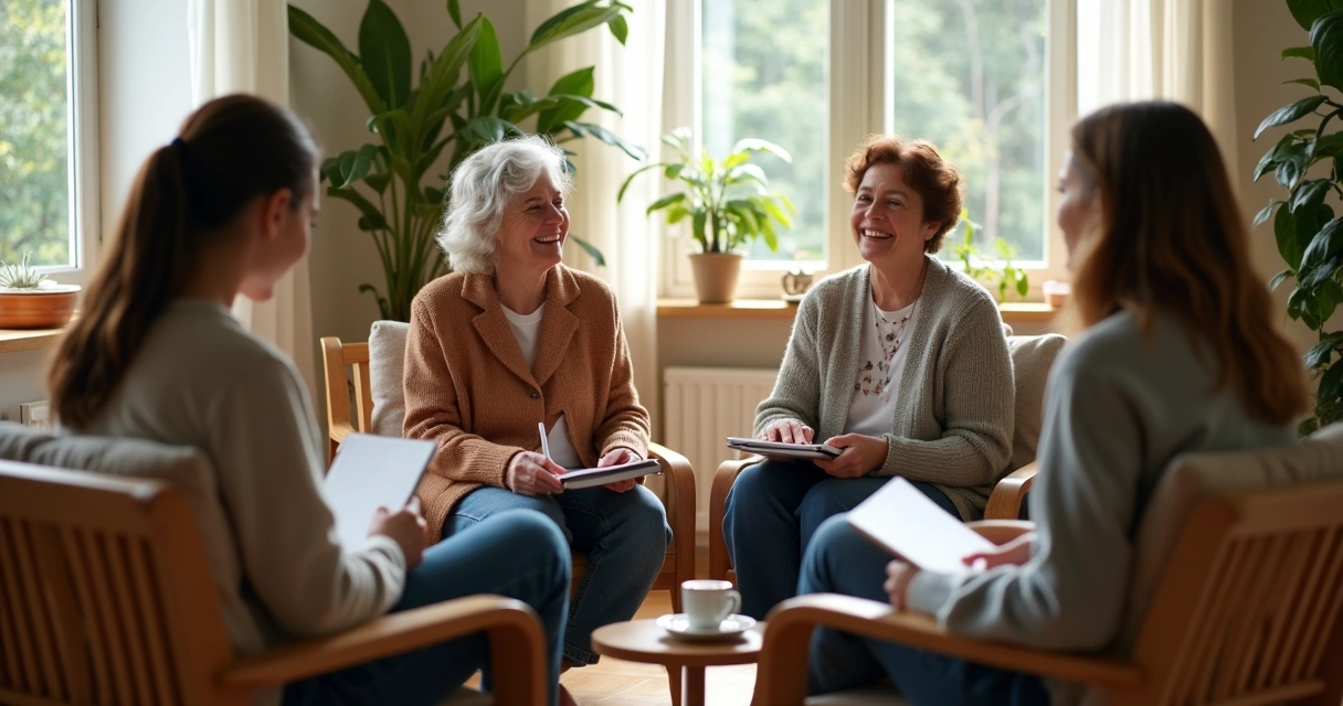 Small group in a cozy room, seated in a circle, sharing calmly