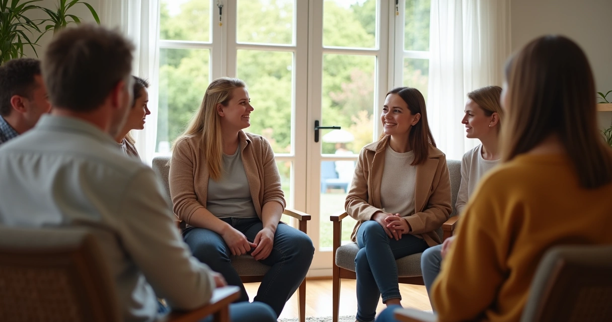 Group of adults in a circle sharing and supporting one another 
