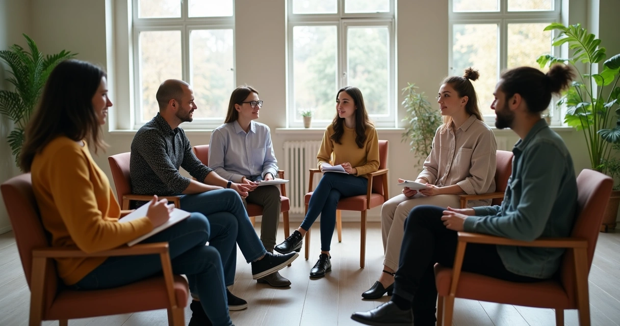Employees in a circle during workplace group reflection workshop 