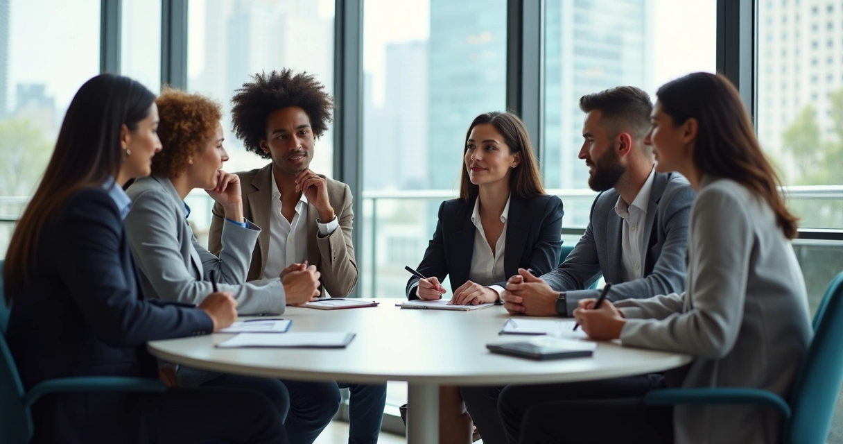 Business team sitting around a table, engaged in conversation, some pausing thoughtfully, with natural light and modern office setting 