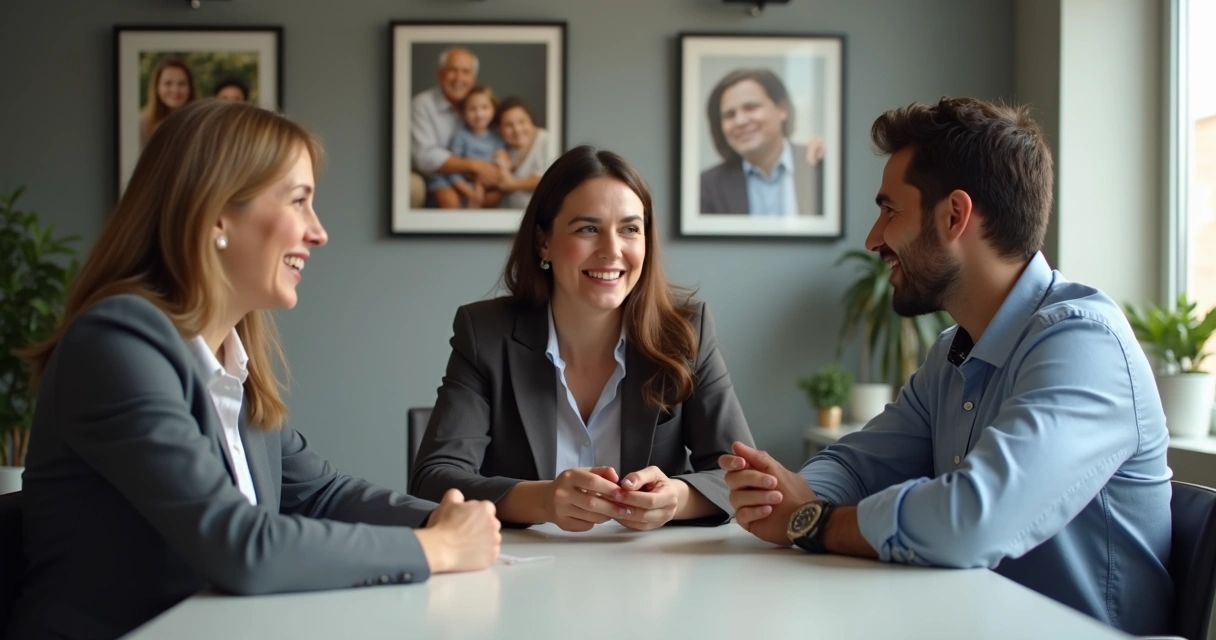 Three adults at a table repeating the same gestures during a conversation