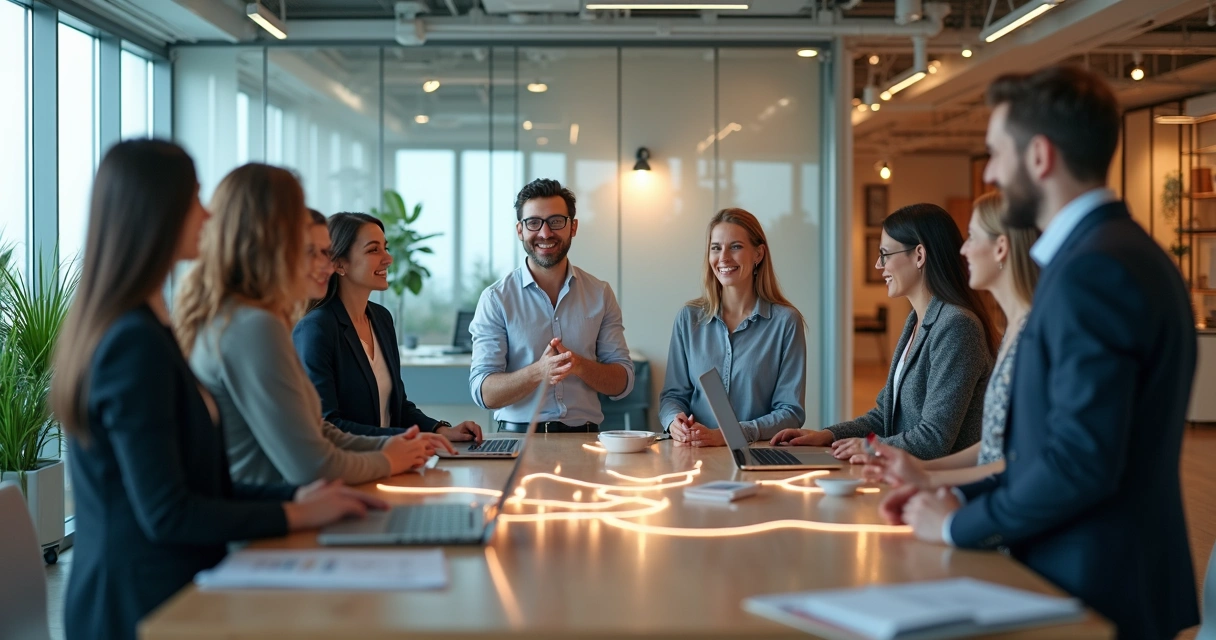 Diverse team in open office connected by glowing lines symbolizing group resonance 