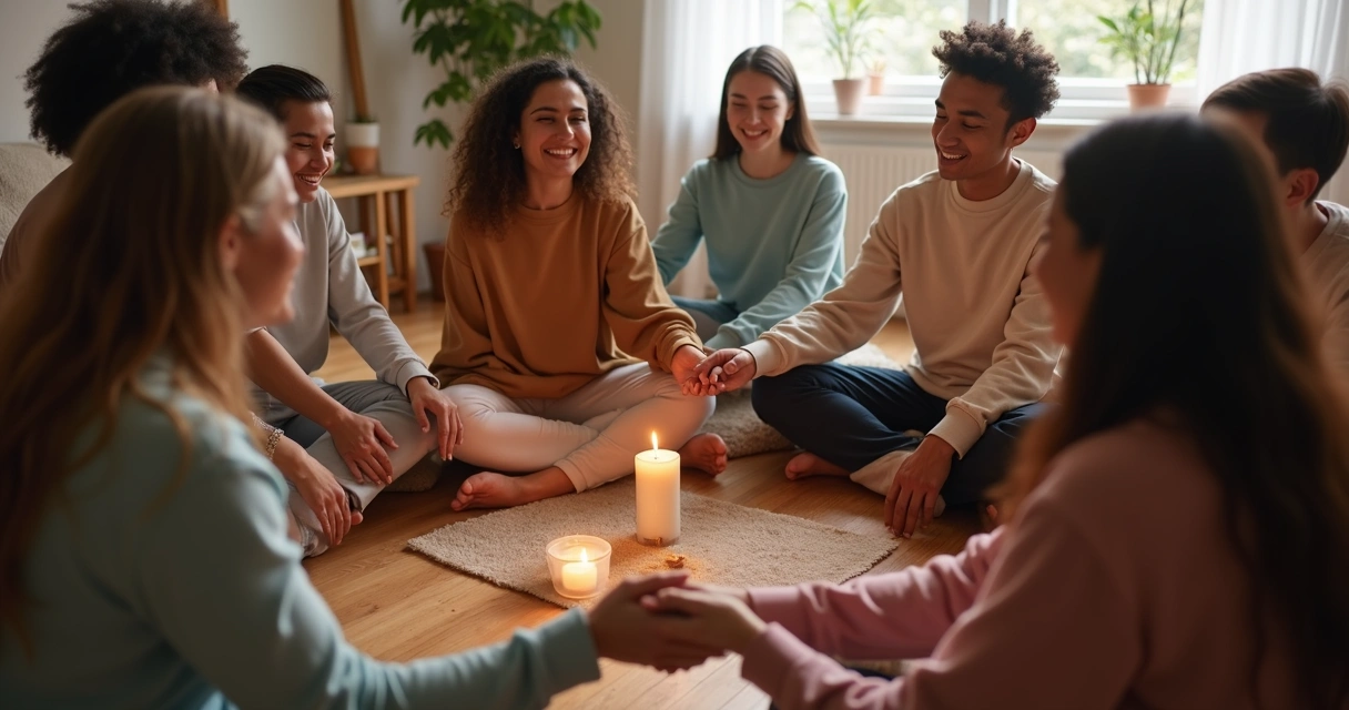 Diverse group sitting in a circle, holding hands, sharing and reconnecting 