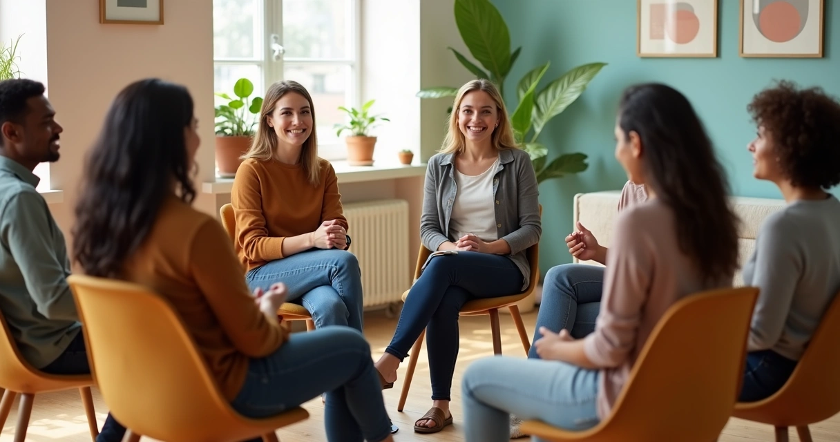 Small group of people sitting in a circle, listening and speaking in a calm setting 