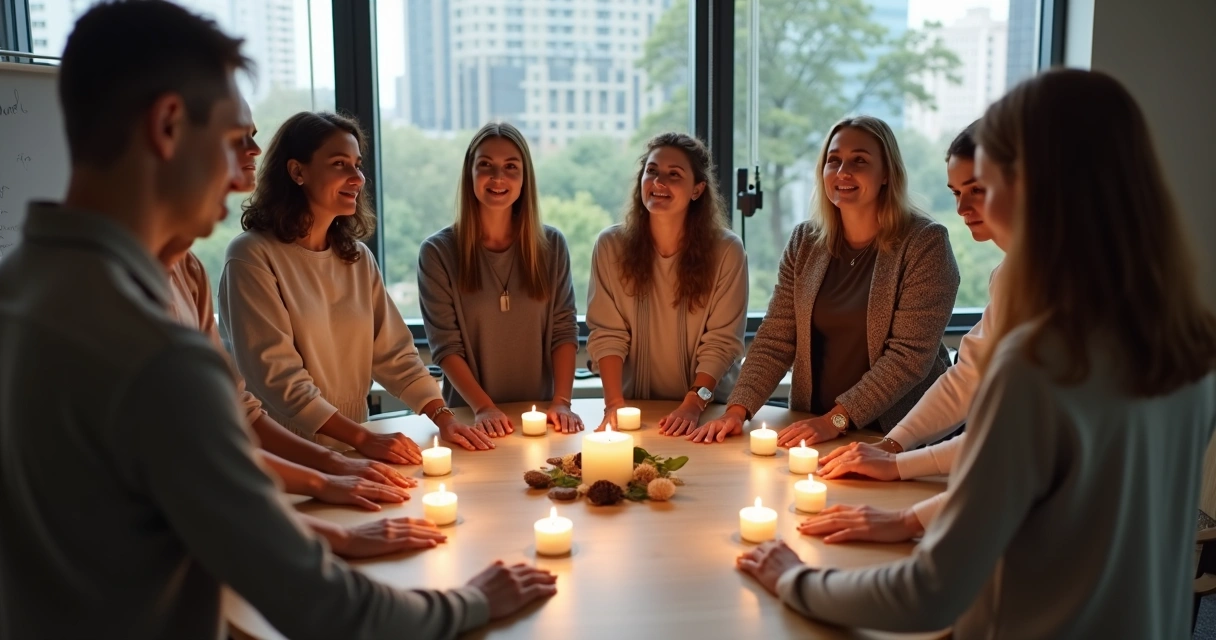 Diverse group standing in a circle during a shared ritual with hands joined over a table of candles 
