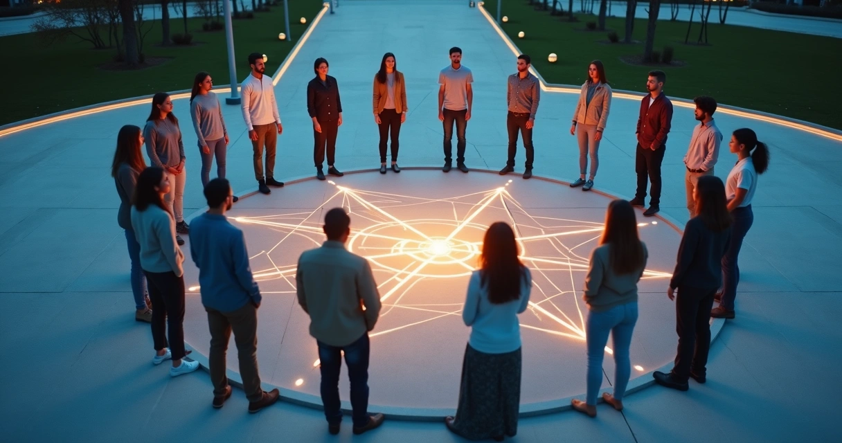 People in circular ritual seen from above linked by glowing patterns on the ground 