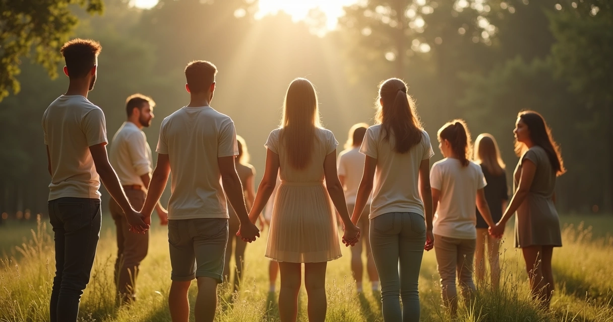 People holding hands in a circle during a ceremony 