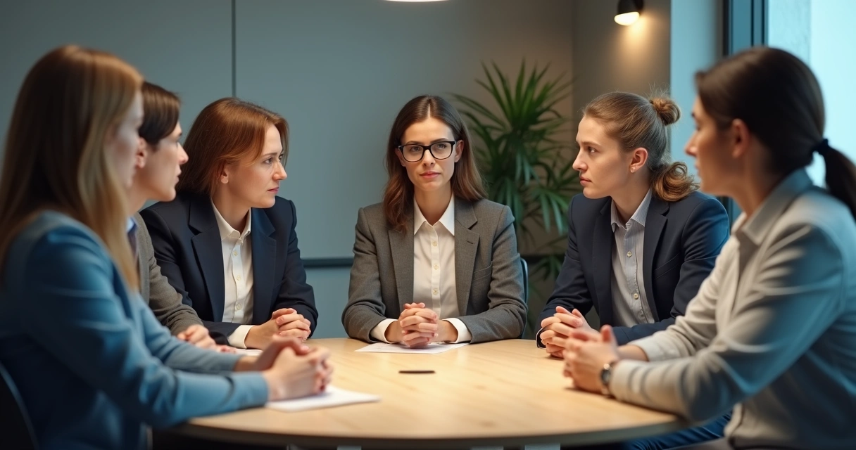 People in a group sitting together, some exchanging meaningful looks, with one person looking uneasy 