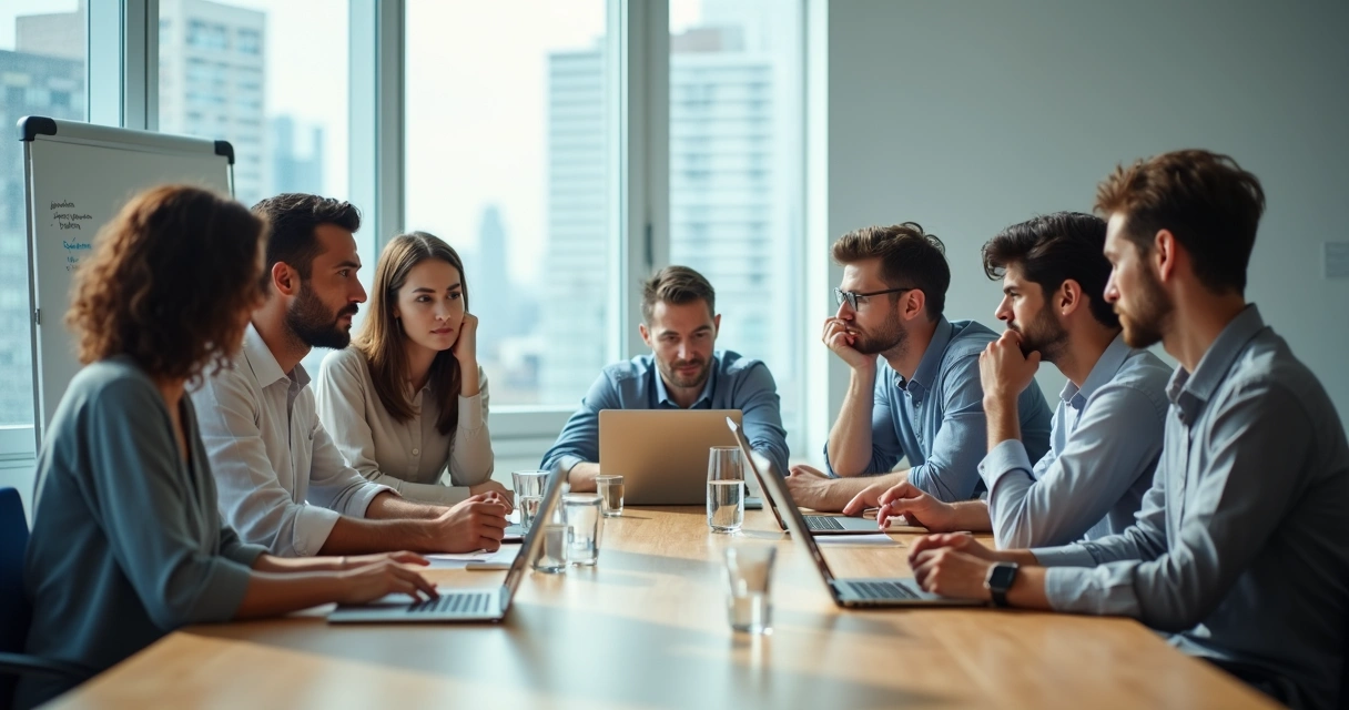 Team meeting with one pair whispering and others looking uneasy 