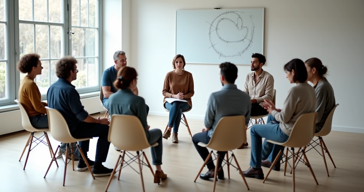 Diverse group seated in a circle practicing mindful self-awareness in a bright modern room 