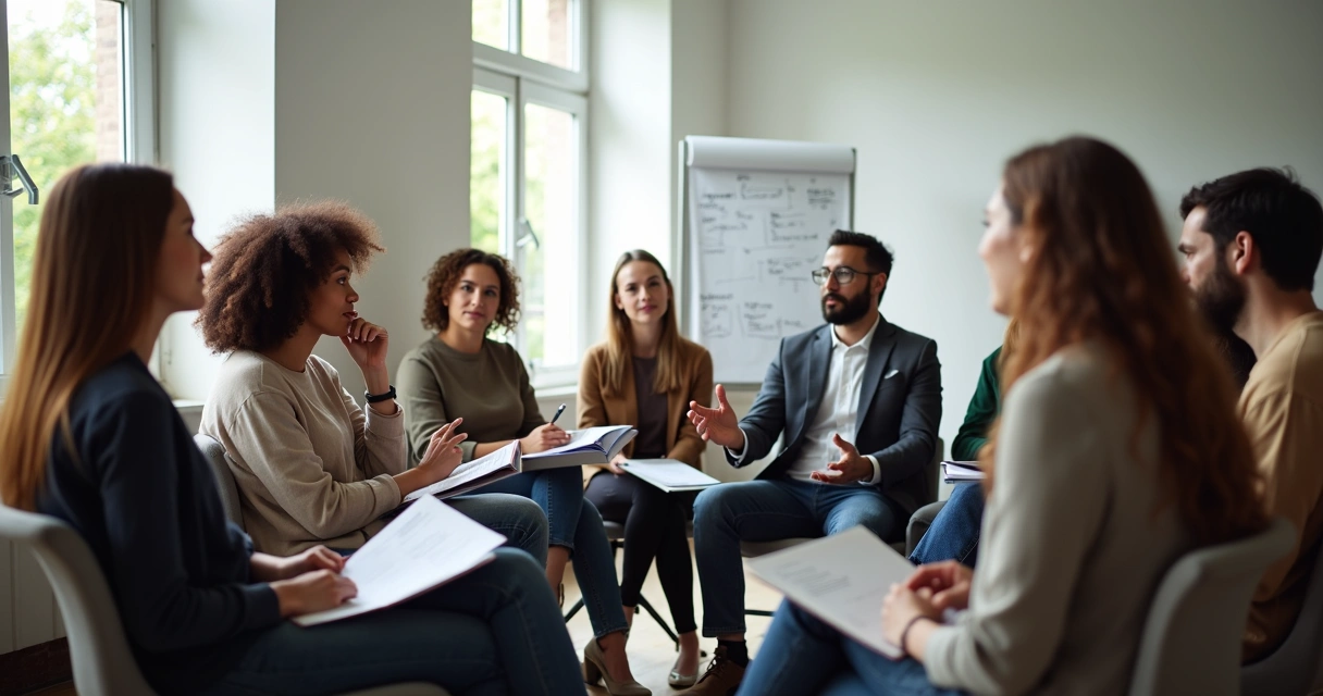 Diverse group sitting in a circle, engaging in open discussion 