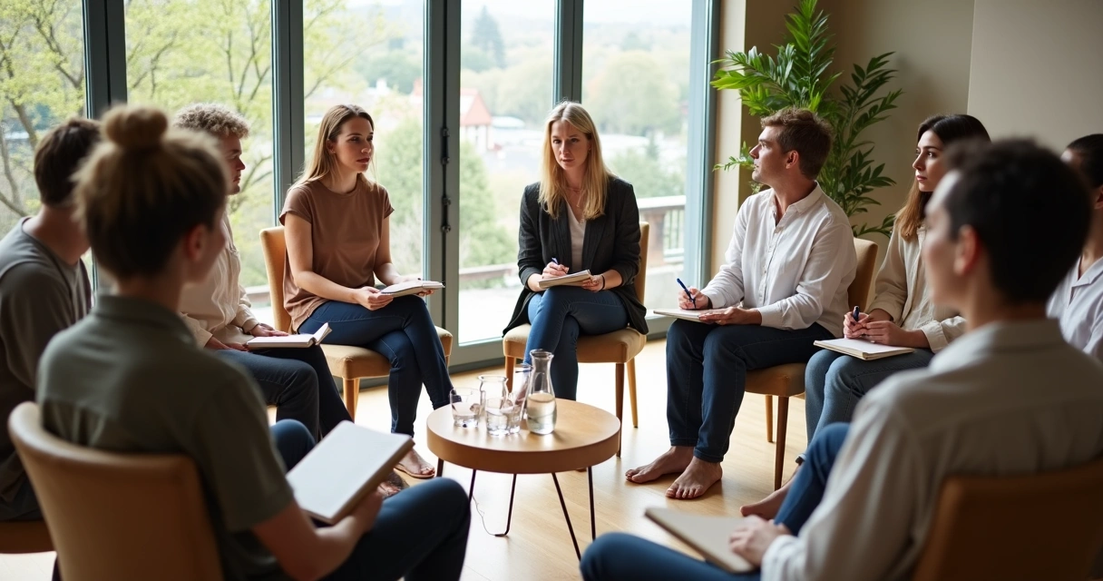 Diverse group sitting in a circle practicing reflective self-observation together 