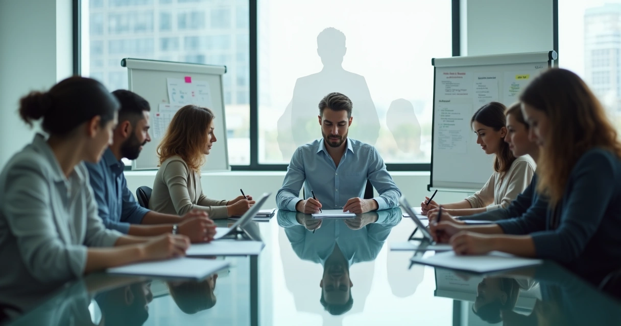 Business team around a table with one person fragmented into multiple reflections 