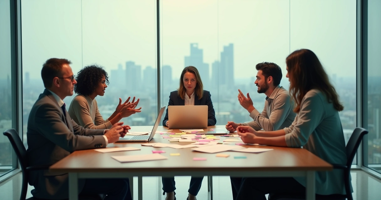 Team in glass meeting room with overlapping reflection of one person calmly observing 