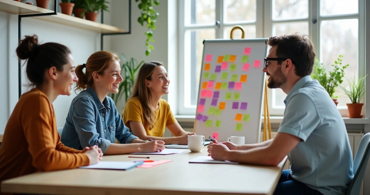Diverse group of adults discussing and writing goals on post-it notes 