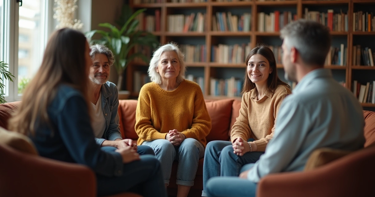 Small group of people sharing feelings in a circle indoors 