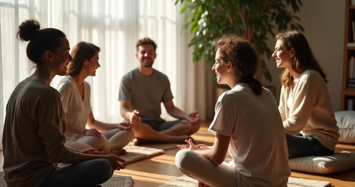 Small group sitting together on floor in circle, sharing after meditation