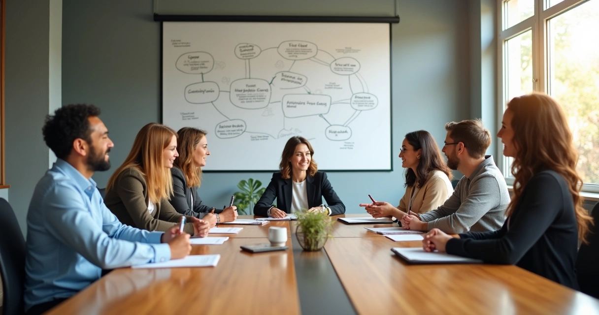 Colleagues sitting around a table sharing workplace stories and writing on a shared whiteboard