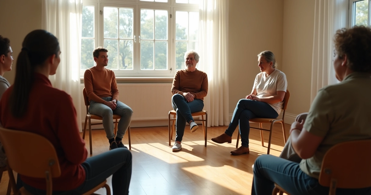 People sitting in a quiet circle with one person emotionally withdrawn