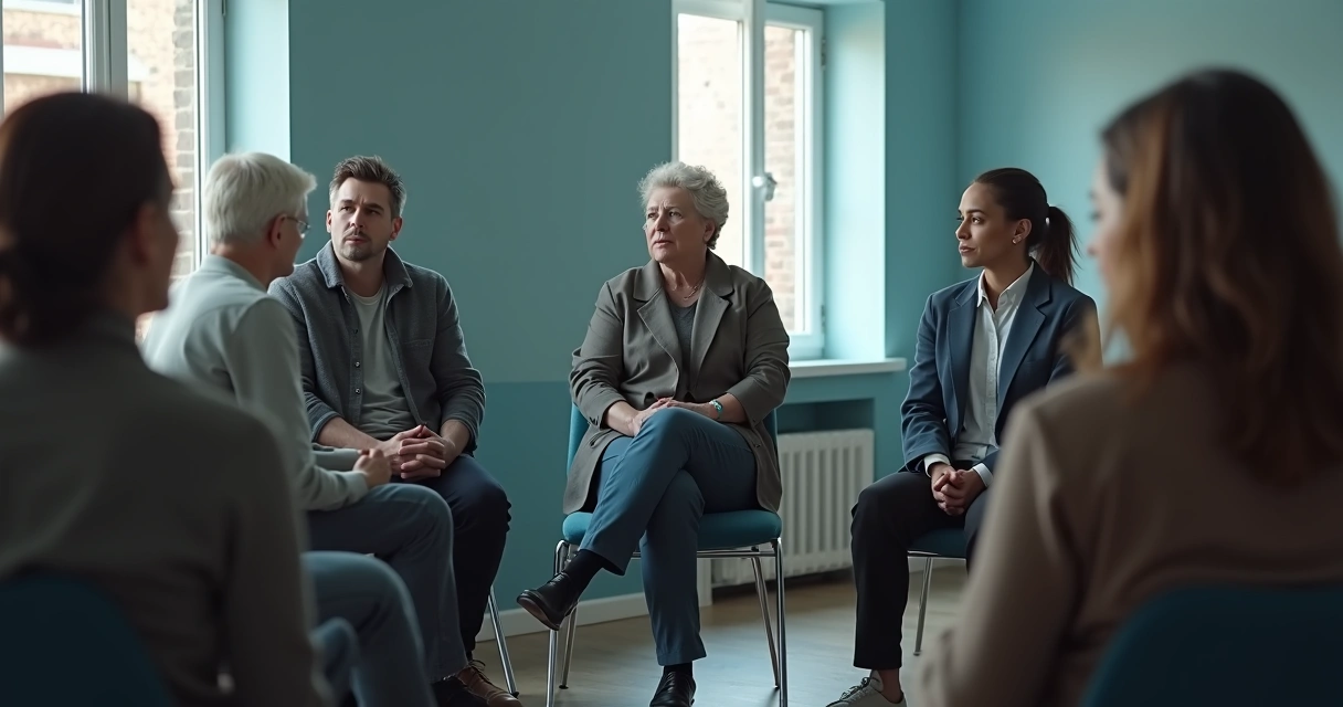 People sitting in a tense group meeting with one person silent 