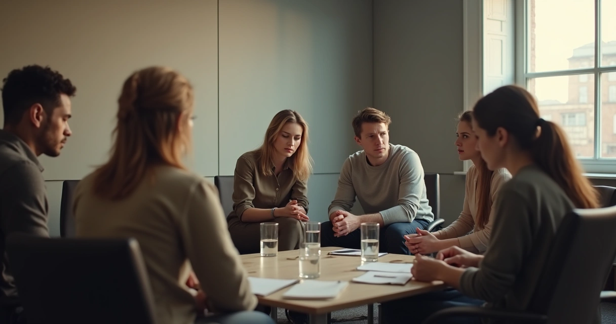 People sitting in a tense group circle during a quiet meeting