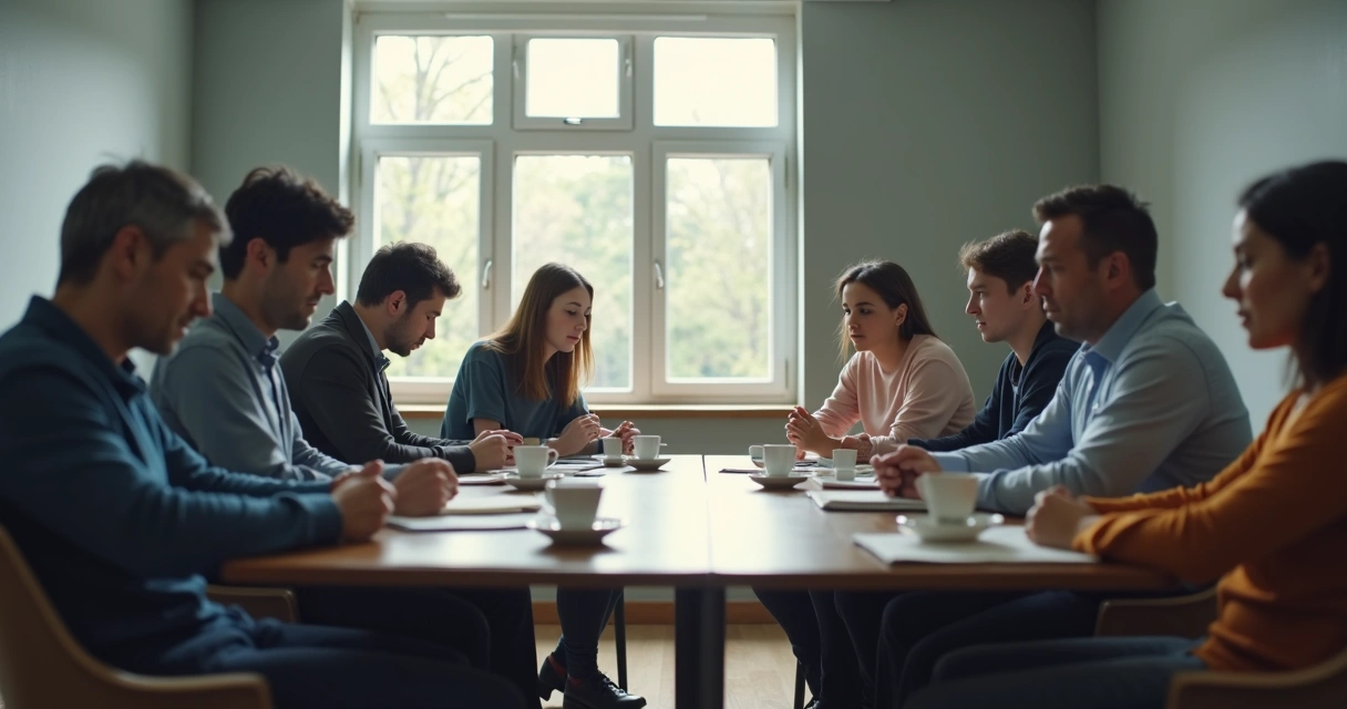 Small group sitting quietly in a tense meeting room