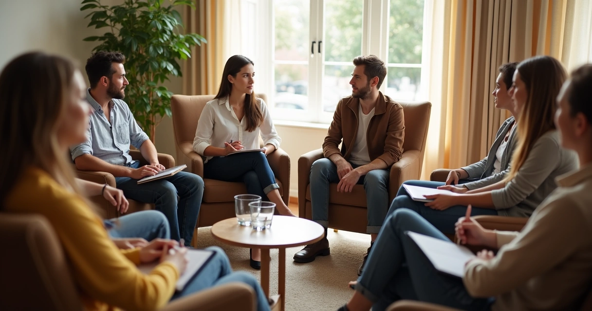 Diverse group sitting in a circle, having a deep group discussion
