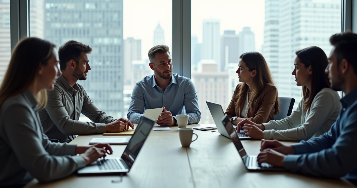 Four people at a conference table talking in two separate pairs, indicating divided group discussion.